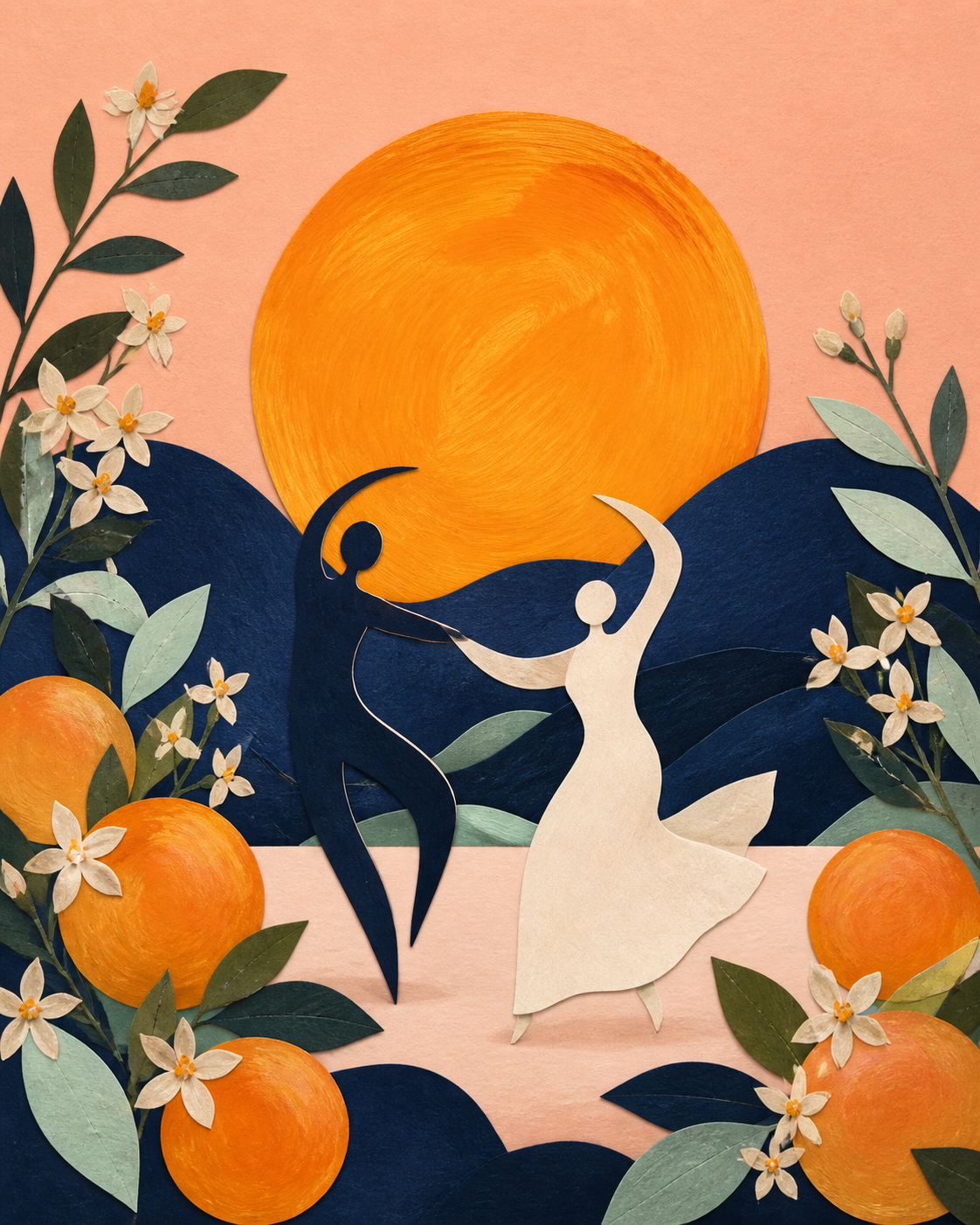 Paper-cut dancers framed by citrus trees beneath an orange Ojai sun.